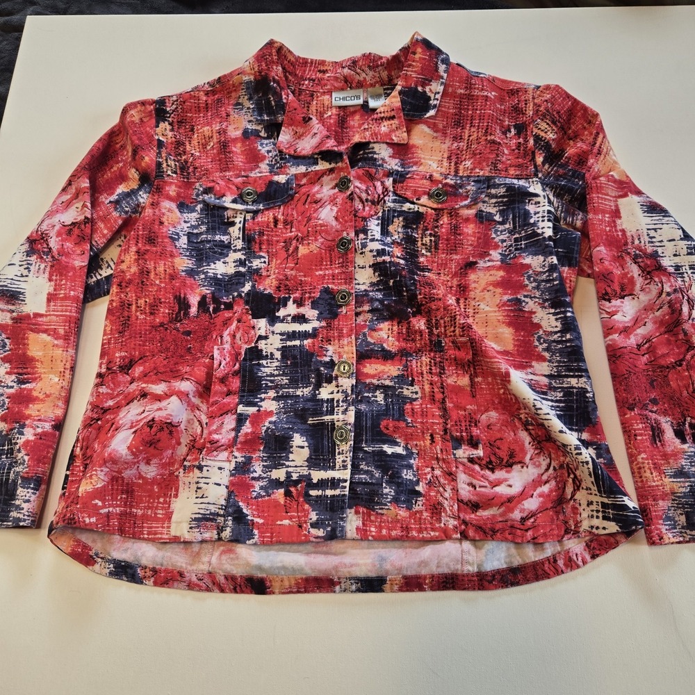 Chico's Geometric and Floral Red Blue Collared Button Down Jacket Womens‎ Size 3